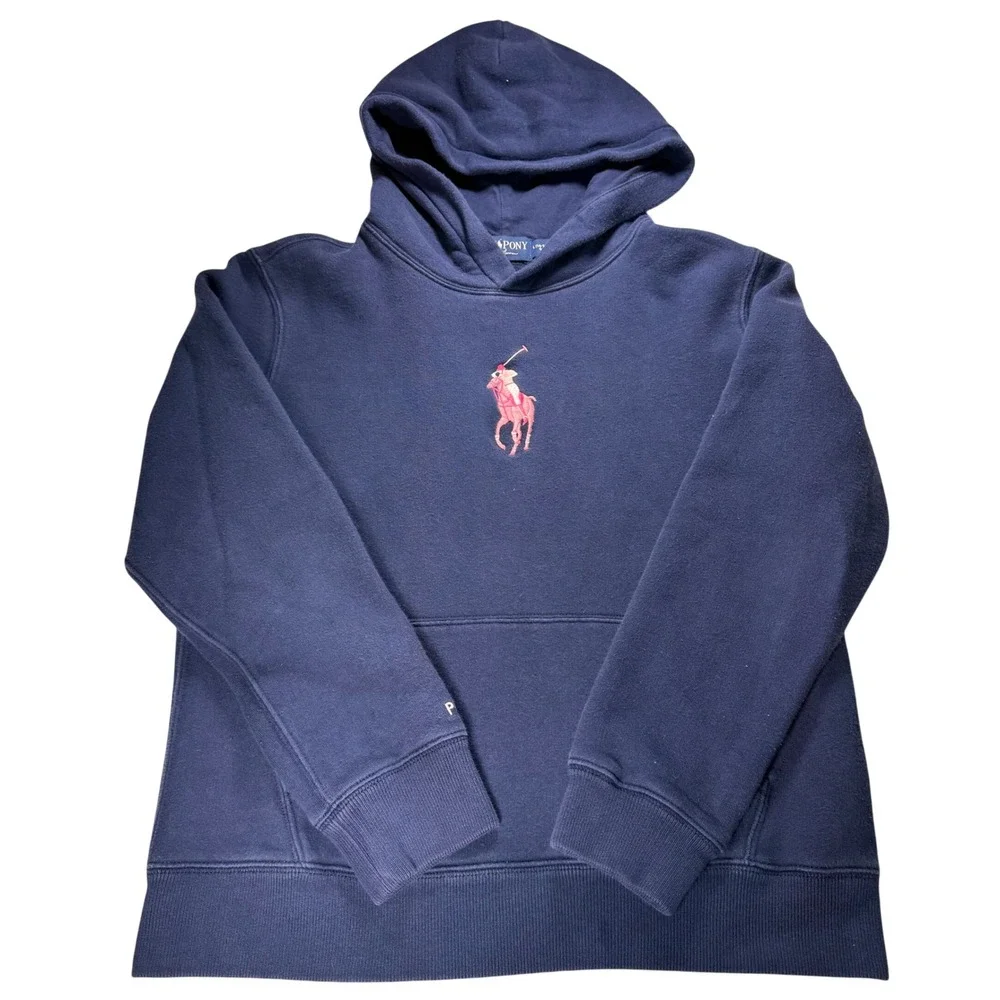 Ralph Lauren Pink Pony Hoodie Navy Blue Kids Girls Large‎ 14-16 Fleece Pullover